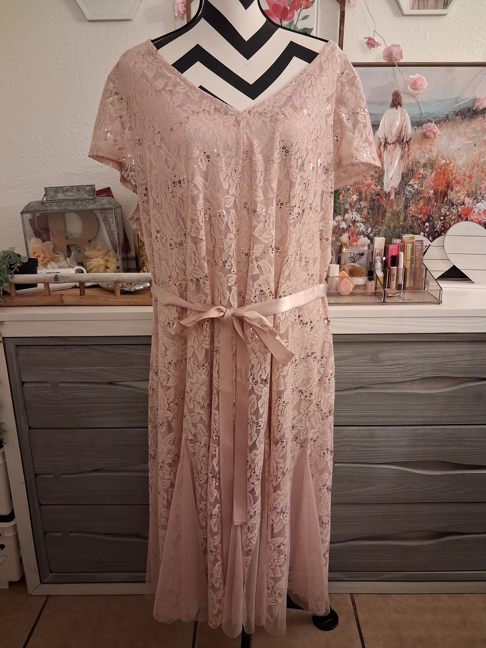Blush Lace Midi Dress with Satin Waist Tie